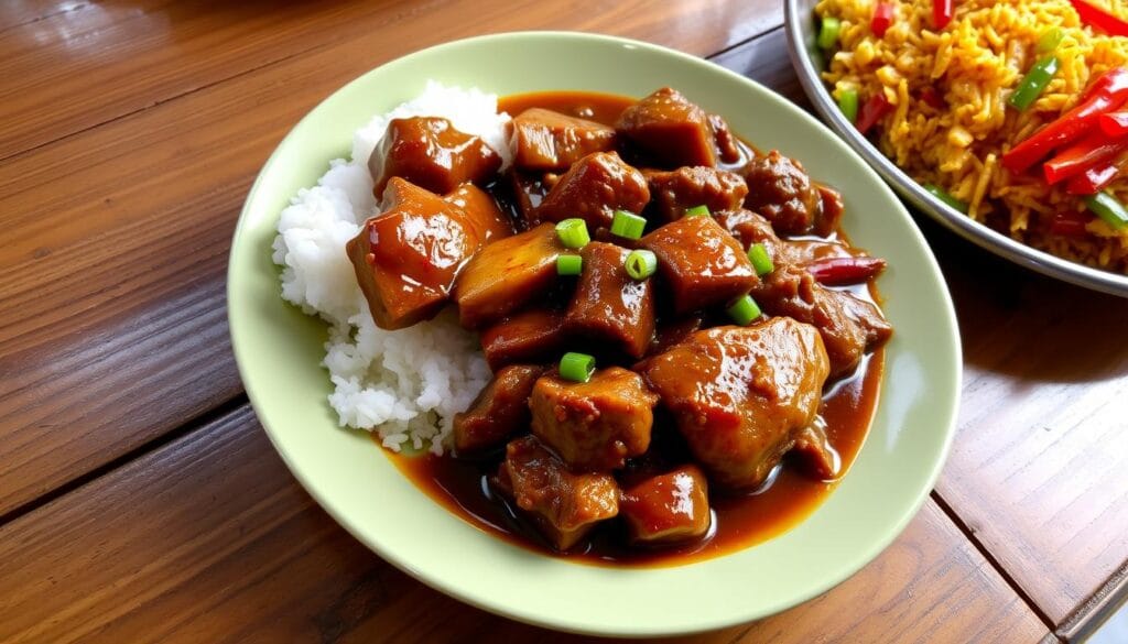 Pork adobo served with steamed rice and fried rice side dishes