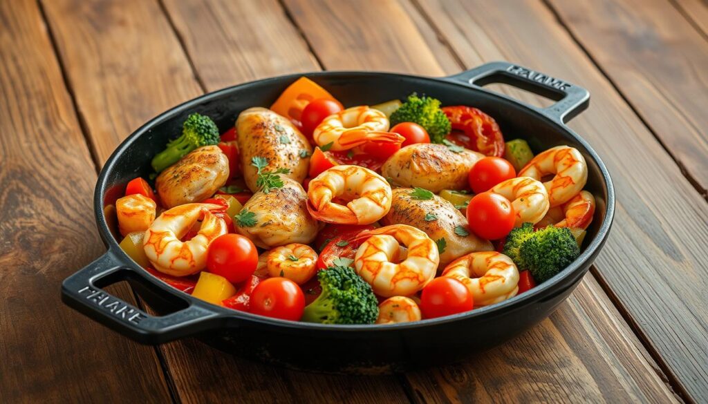 One-pan chicken and shrimp meal