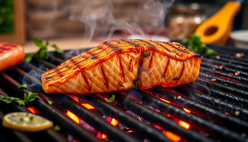 Grilled salmon flipping